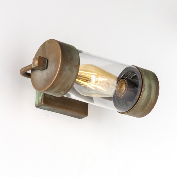 Wandlampe mit klarem Glaszylinder, Messing antik Grnspan