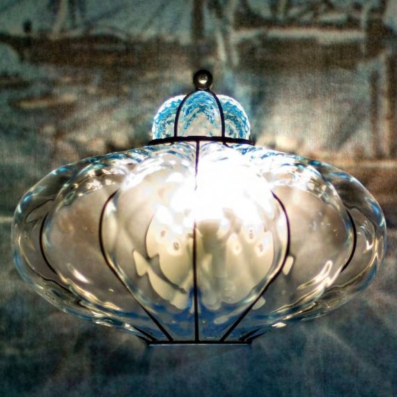 Orientalische Glas-Wandleuchte in gewelltem, aquamarinblauem Glas, groes Modell