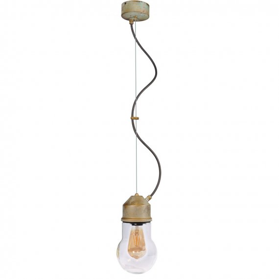 Glassturz-Hngelampe in Messing antik Grnspan, gewlbter Glassturz klar