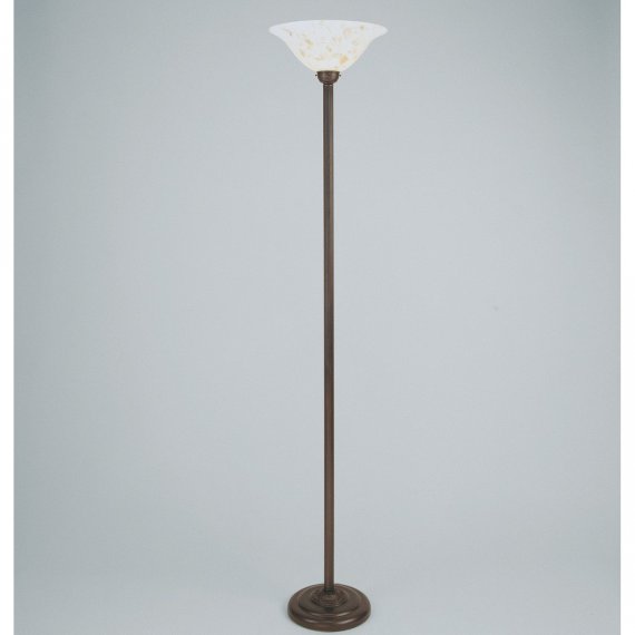 Stehlampe als Deckenfluter in Messing antik mit marmoriertem, kelchfrmigem Glasschirm (Glas nur noch in Opalwei verfgbar)