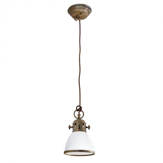 Kleine Hngelampe mit weiem Schirm, Halterung in Messing antik Grnspan