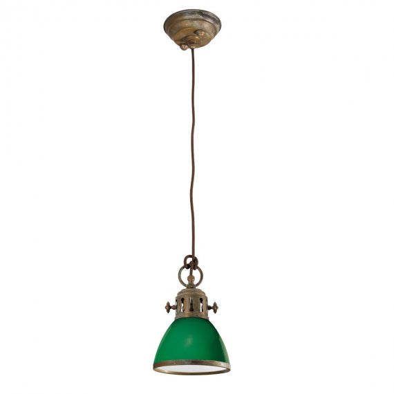 Kleine Hngelampe mit bernsteinfarbenem Schirm und Halterung in Messing antik grn