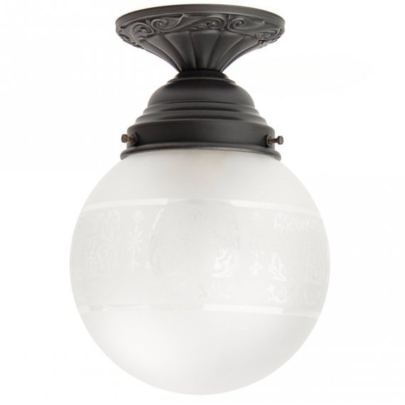 Deckenlampe im Jugendstil-Design mit Kugelglas mit getztem Dekor, Oberflche: Messing antik