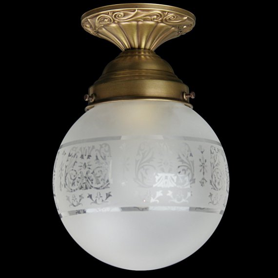 Deckenlampe im Jugendstil-Design mit Kugelglas mit getztem Dekor, Oberflche: Berliner Messing
