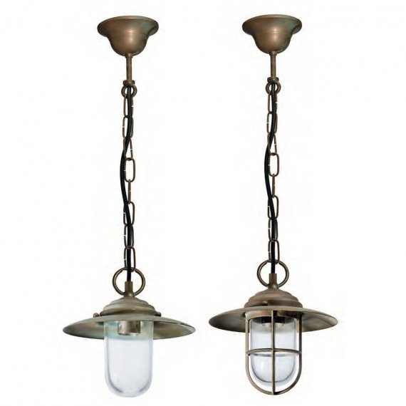 Glassturz-Hngelampen in Messing antik Grnspan, Glassturz klar