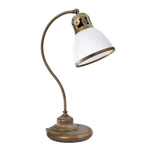 Sekretrslampe in Messing antik Grnspan mit weiem Glasschirm