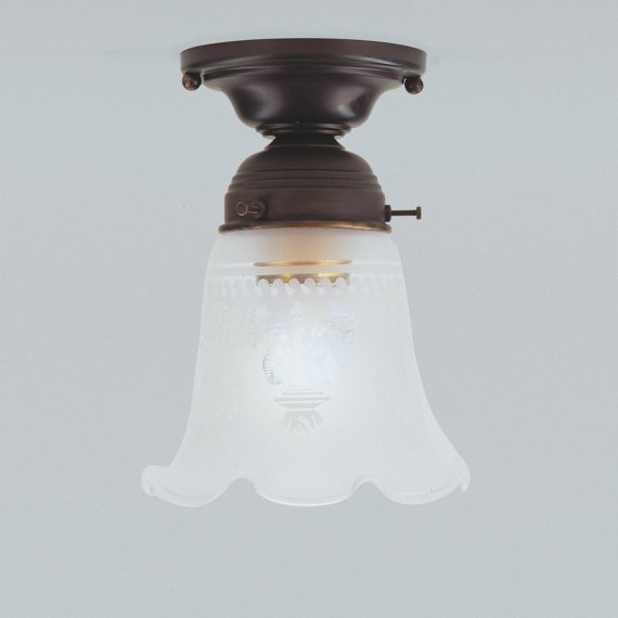 Deckenlampe mit Halterung in Messing antik mit gerschtem Glas mit tz-Dekor