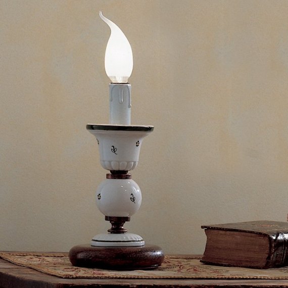 Handbemalte Tischlampe in Form eines Kerzenstnders, mit grnem Blten-Dekor, Metall Schwarz kupferschattiert