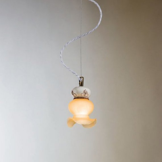 Hngelampe mit brauner Bemalung und Schirm in amberfarbenem Scavo-Glas