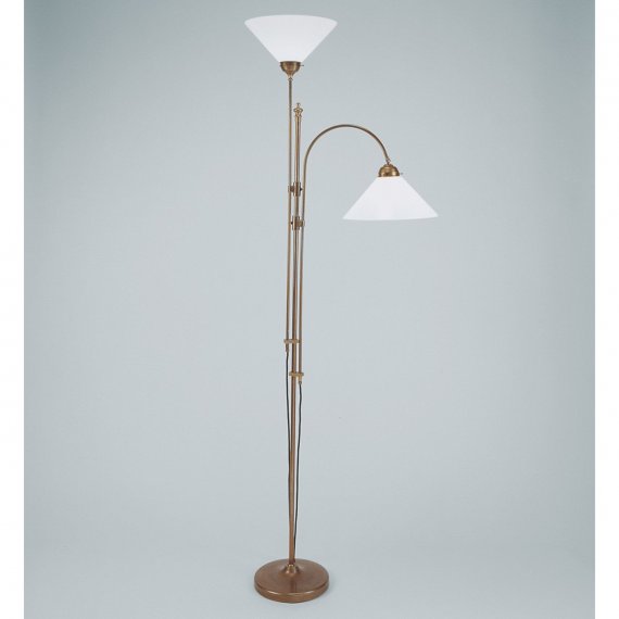 Stehlampe in Berliner Messing mit opalweiem Kegelglas 30cm an Fluter und Lesearm