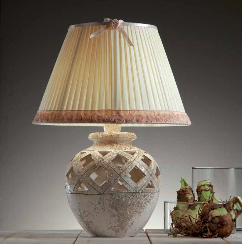 Elegante Keramik zartrosa mit Vasenleuchte Borte Textilschirm plissiertem in