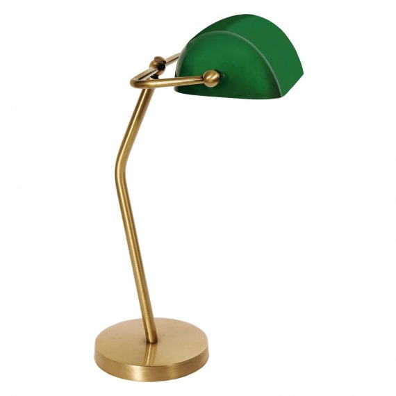 Tischlampe in Messing satiniert mit grünem Glas und rundem Sockel