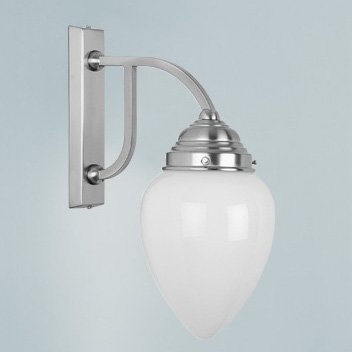 Jugendstil-Wandlampe in Nickel matt mit tropfenförmigem Opalglasschirm