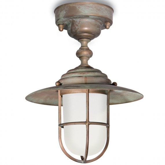 Glassturz-Deckenlampe in Messing antik Grünspan, Glassturz matt, mit Gitter
