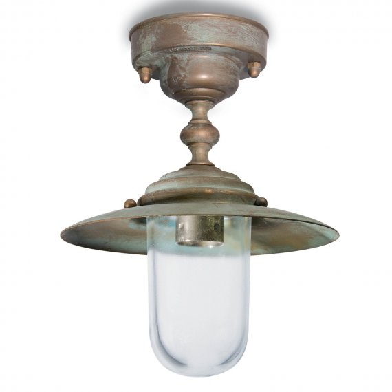 Glassturz-Deckenlampe in Messing antik Grünspan, Glassturz klar, ohne Gitter