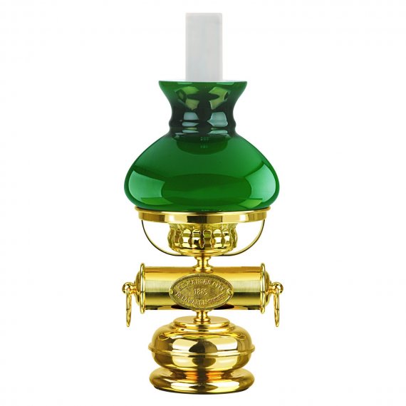 Tischlampe im Petroleumstil in Messing poliert mit grünem Glasschirm