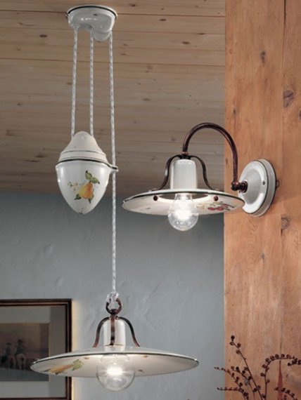 Zuglampe mit Birnen-Dekor, Wandlampe aus der gleichen Serie 