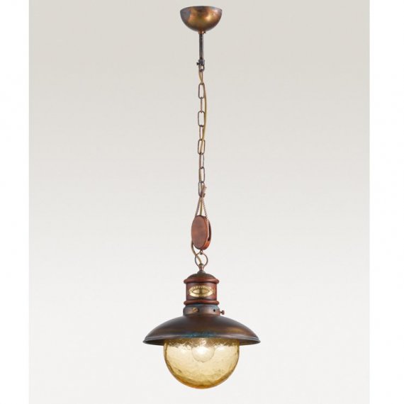 Schiffslampe in Messing antik grn mit amberfarbenem Glas