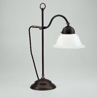 Schreibtischlampe in Messing antik mit glockenförmigem, gerüschtem Glasschirm