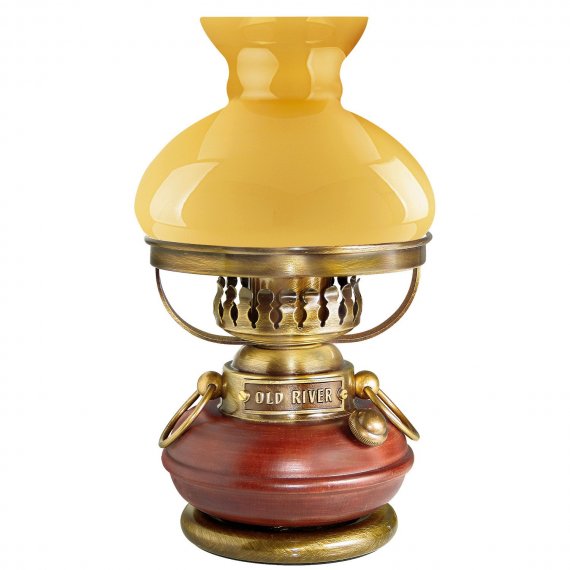 Tischlampe im Petroleumstil in Messing gebürstet mit Holzelementen in der Halterung und bernsteinfarbenem Glasschirm
