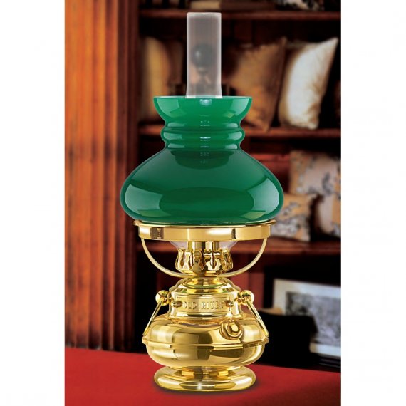 Kleine Tischlampe im Petroleumstil in Messing poliert mit grünem Glasschirm