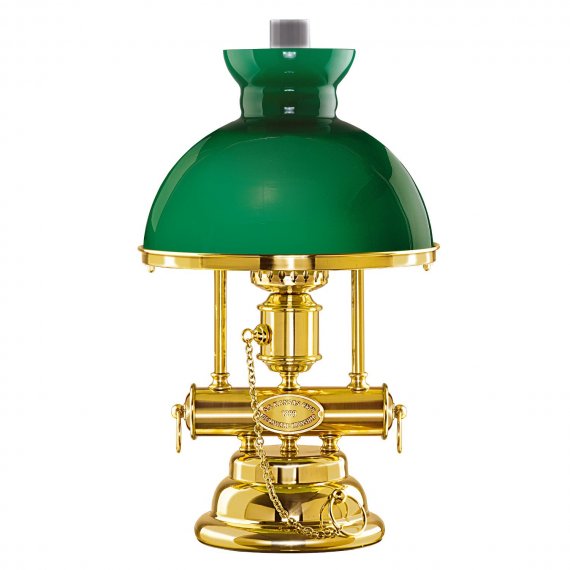 Tischlampe im Petroleumstil in Messing poliert mit grünem Glasschirm, großes Modell