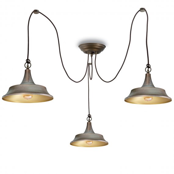 Dreiflammige Vintage-Lampe in Messing antik Grünspan, Schirminnenseite Messing poliert