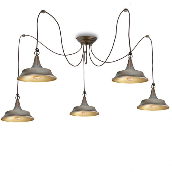 Fünfflammige Vintage-Lampe in Messing antik Grünspan, Schirminnenseite Messing poliert